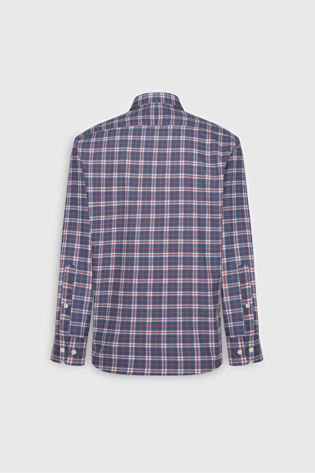 %100 Pamuk Comfort Fit Rahat Kesim Düğmeli Yaka Kareli Antrasit-Kahverengi Gömlek resmi