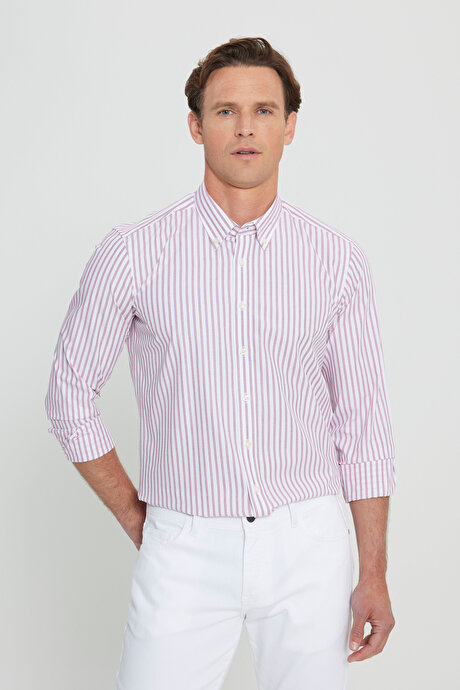 %100 Pamuk Slim Fit Dar Kesim Düğmeli Yaka Armürlü Beyaz-Bordo Gömlek resmi