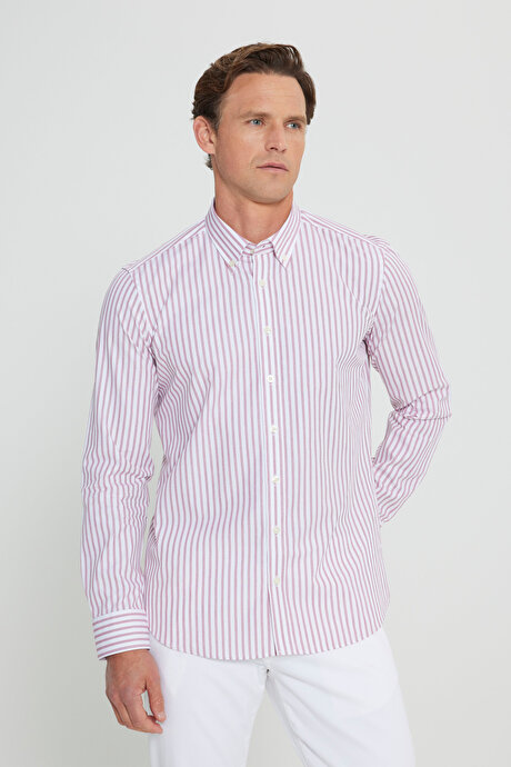 %100 Pamuk Slim Fit Dar Kesim Düğmeli Yaka Armürlü Beyaz-Bordo Gömlek resmi