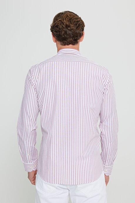 %100 Pamuk Slim Fit Dar Kesim Düğmeli Yaka Armürlü Beyaz-Bordo Gömlek resmi