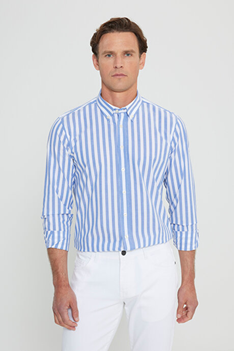 %100 Pamuk Slim Fit Dar Kesim Düğmeli Yaka Çizgili Lacivert-Beyaz Gömlek resmi