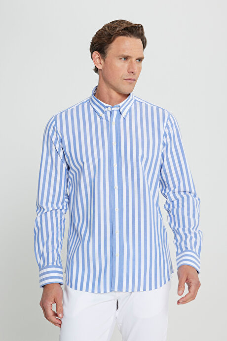 %100 Pamuk Slim Fit Dar Kesim Düğmeli Yaka Çizgili Lacivert-Beyaz Gömlek resmi