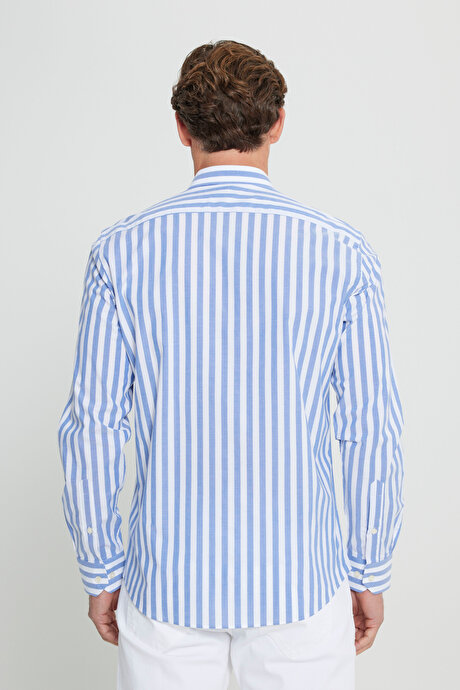 %100 Pamuk Slim Fit Dar Kesim Düğmeli Yaka Çizgili Lacivert-Beyaz Gömlek resmi