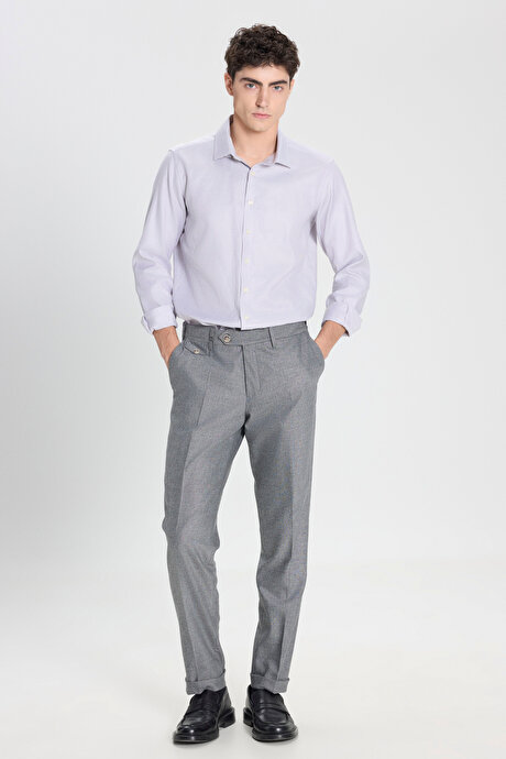 %100 Pamuk Slim Fit Dar Kesim Klasik Yaka Kareli Gri-Beyaz Gömlek resmi