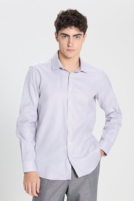 %100 Pamuk Slim Fit Dar Kesim Klasik Yaka Kareli Gri-Beyaz Gömlek resmi