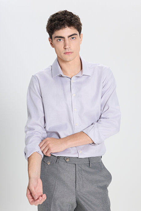 %100 Pamuk Slim Fit Dar Kesim Klasik Yaka Kareli Gri-Beyaz Gömlek resmi