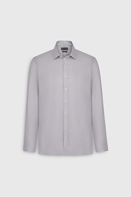 %100 Pamuk Slim Fit Dar Kesim Klasik Yaka Kareli Gri-Beyaz Gömlek resmi