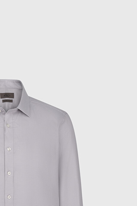 %100 Pamuk Slim Fit Dar Kesim Klasik Yaka Kareli Gri-Beyaz Gömlek resmi