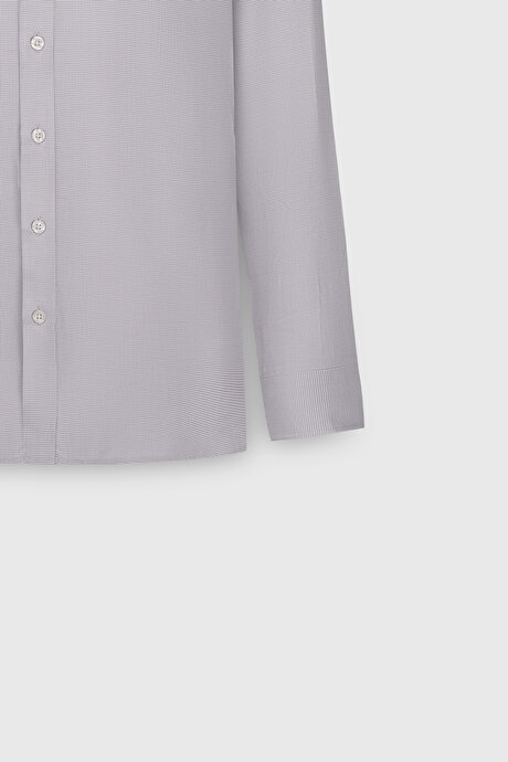 %100 Pamuk Slim Fit Dar Kesim Klasik Yaka Kareli Gri-Beyaz Gömlek resmi