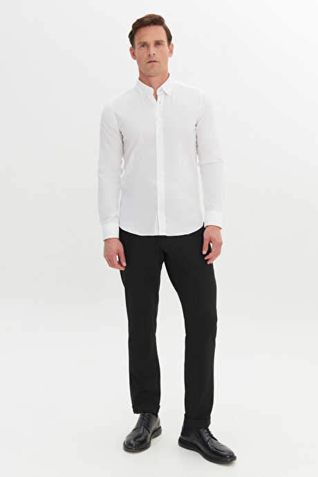 %100 Pamuk Slim Fit Dar Kesim Düğmeli Yaka Oxford Beyaz Gömlek resmi