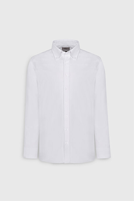 %100 Pamuk Slim Fit Dar Kesim Düğmeli Yaka Oxford Beyaz Gömlek resmi
