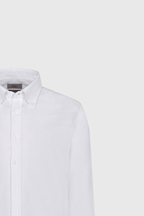 %100 Pamuk Slim Fit Dar Kesim Düğmeli Yaka Oxford Beyaz Gömlek resmi