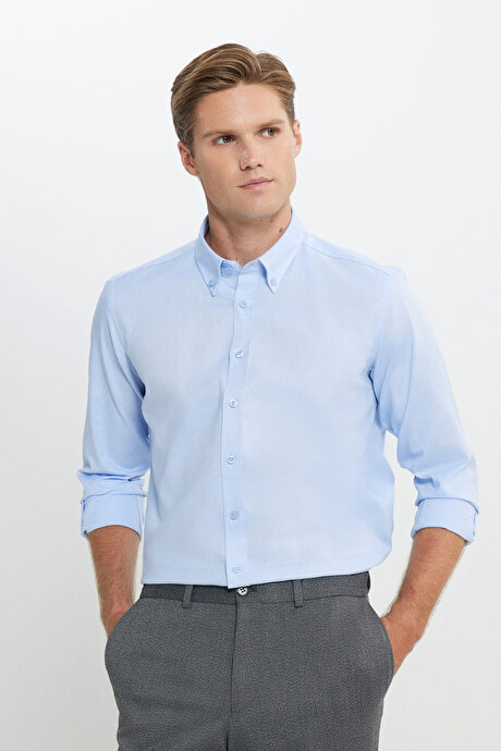 %100 Pamuk Slim Fit Dar Kesim Düğmeli Yaka Oxford Mavi Gömlek resmi