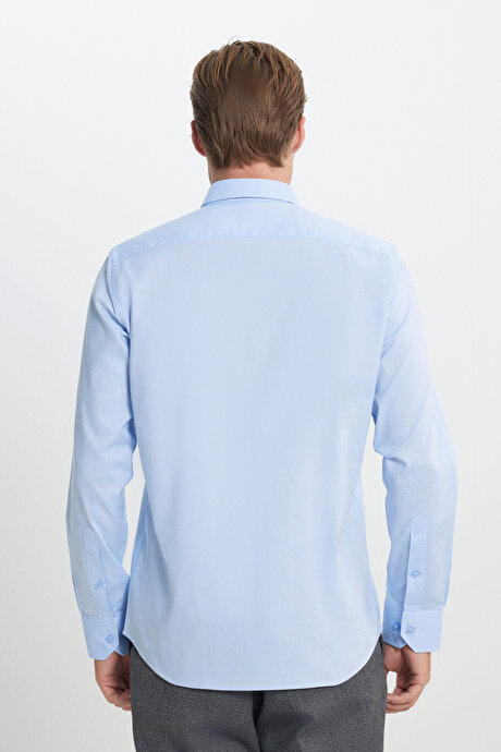 %100 Pamuk Slim Fit Dar Kesim Düğmeli Yaka Oxford Mavi Gömlek resmi