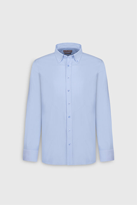 %100 Pamuk Slim Fit Dar Kesim Düğmeli Yaka Oxford Mavi Gömlek resmi