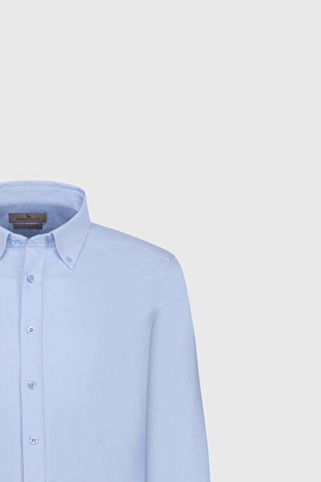%100 Pamuk Slim Fit Dar Kesim Düğmeli Yaka Oxford Mavi Gömlek resmi