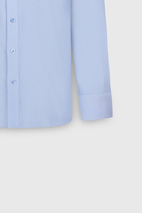 %100 Pamuk Slim Fit Dar Kesim Düğmeli Yaka Oxford Mavi Gömlek resmi