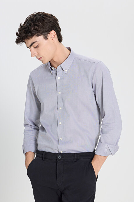 %100 Pamuk Slim Fit Dar Kesim Düğmeli Yaka Oxford Siyah Gömlek resmi