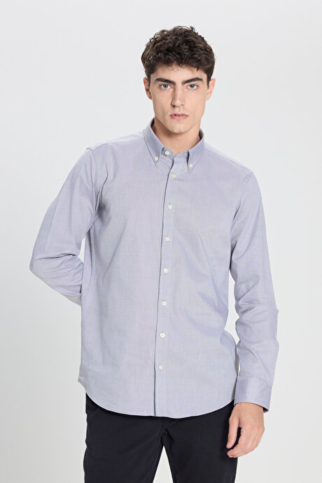 %100 Pamuk Slim Fit Dar Kesim Düğmeli Yaka Oxford Siyah Gömlek resmi