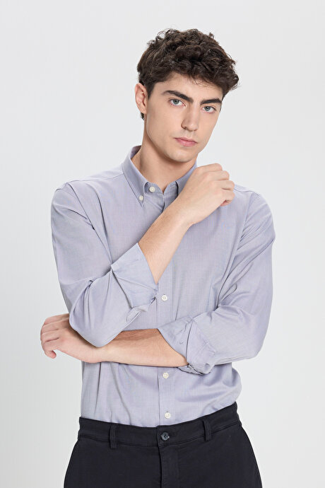 %100 Pamuk Slim Fit Dar Kesim Düğmeli Yaka Oxford Siyah Gömlek resmi