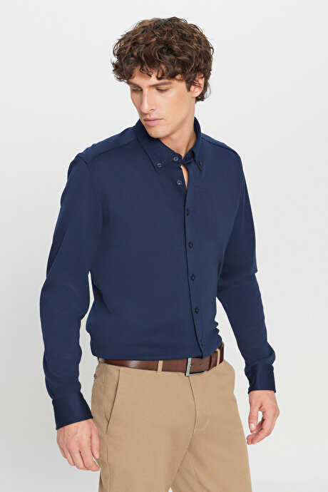 %100 Pamuk Slim Fit Dar Kesim Düğmeli Yaka Örme Lacivert Gömlek resmi