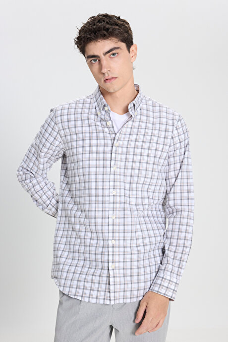 %100 Pamuk Slim Fit Dar Kesim Düğmeli Yaka Kareli Flanel Beyaz-Antrasit Gömlek resmi