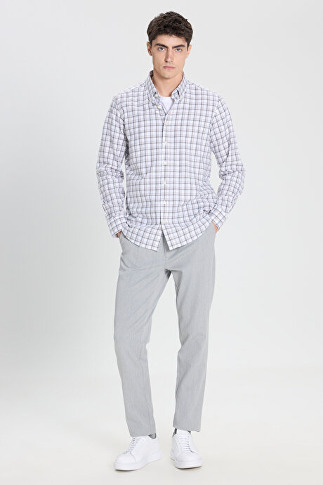 %100 Pamuk Slim Fit Dar Kesim Düğmeli Yaka Kareli Flanel Beyaz-Antrasit Gömlek resmi