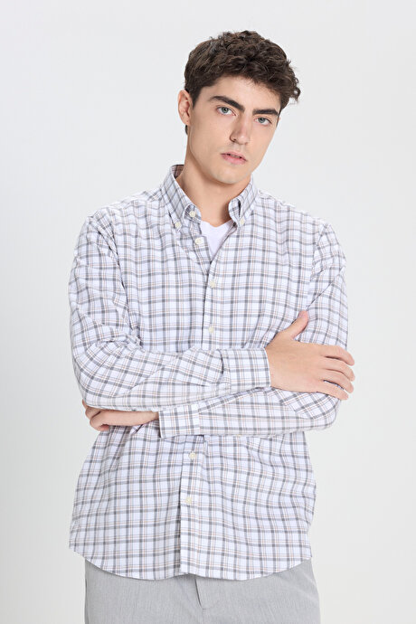 %100 Pamuk Slim Fit Dar Kesim Düğmeli Yaka Kareli Flanel Beyaz-Antrasit Gömlek resmi