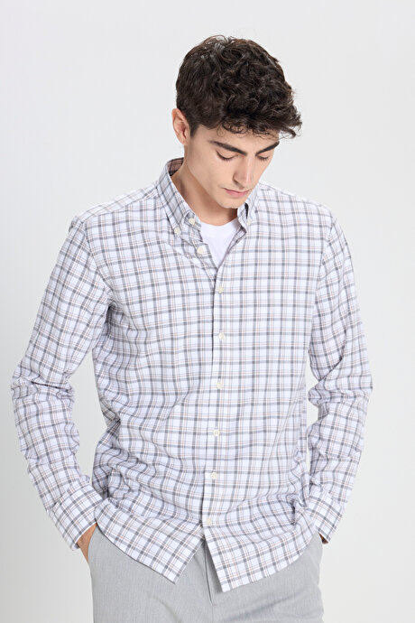 %100 Pamuk Slim Fit Dar Kesim Düğmeli Yaka Kareli Flanel Beyaz-Antrasit Gömlek resmi