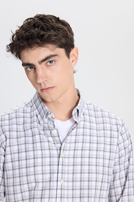 %100 Pamuk Slim Fit Dar Kesim Düğmeli Yaka Kareli Flanel Beyaz-Antrasit Gömlek resmi