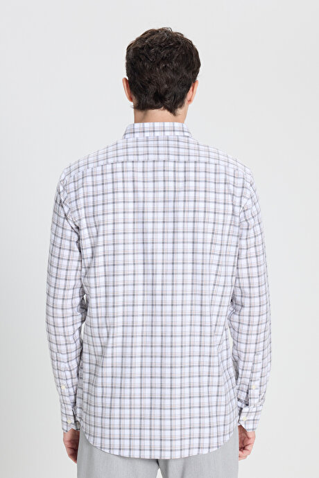 %100 Pamuk Slim Fit Dar Kesim Düğmeli Yaka Kareli Flanel Beyaz-Antrasit Gömlek resmi