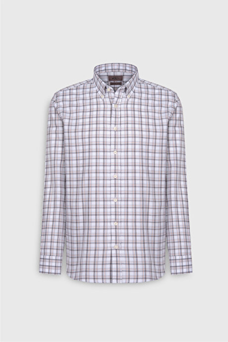 %100 Pamuk Slim Fit Dar Kesim Düğmeli Yaka Kareli Flanel Beyaz-Antrasit Gömlek resmi
