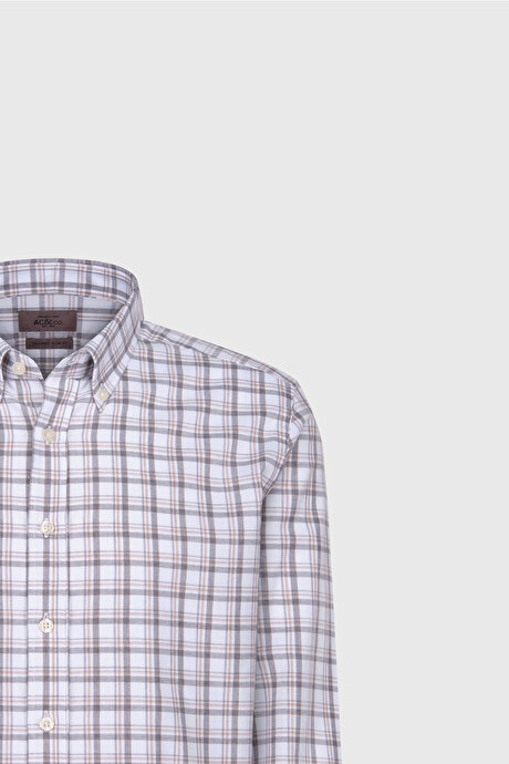 %100 Pamuk Slim Fit Dar Kesim Düğmeli Yaka Kareli Flanel Beyaz-Antrasit Gömlek resmi