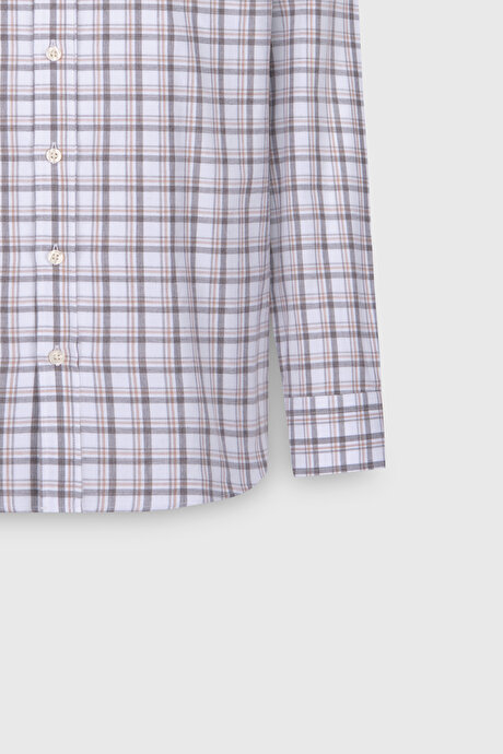 %100 Pamuk Slim Fit Dar Kesim Düğmeli Yaka Kareli Flanel Beyaz-Antrasit Gömlek resmi