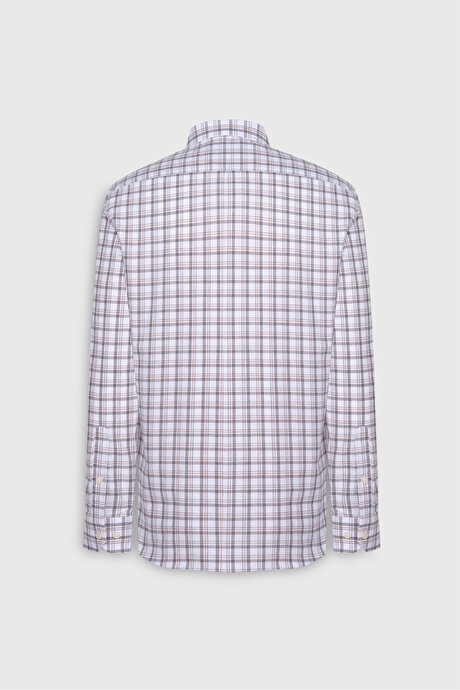 %100 Pamuk Slim Fit Dar Kesim Düğmeli Yaka Kareli Flanel Beyaz-Antrasit Gömlek resmi