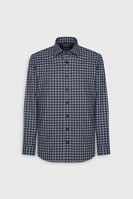 %100 Pamuk Slim Fit Dar Kesim Düğmeli Yaka Kareli Flanel Lacivert-Bej Gömlek resmi