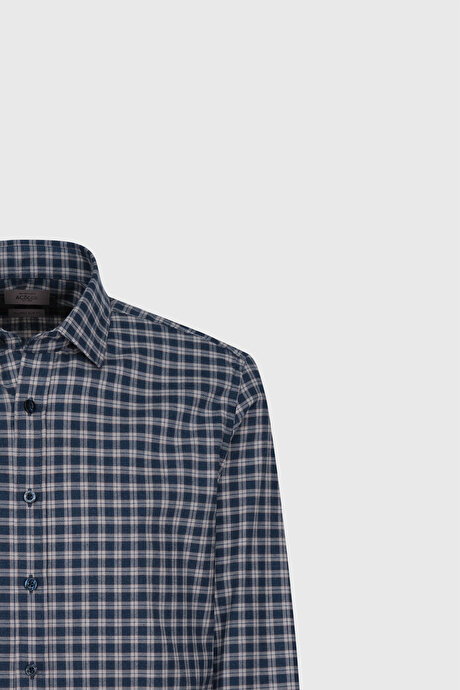 %100 Pamuk Slim Fit Dar Kesim Düğmeli Yaka Kareli Flanel Lacivert-Bej Gömlek resmi
