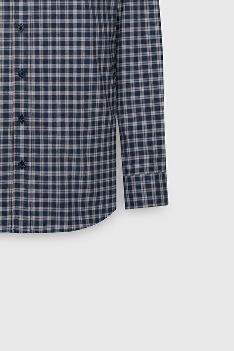 %100 Pamuk Slim Fit Dar Kesim Düğmeli Yaka Kareli Flanel Lacivert-Bej Gömlek resmi
