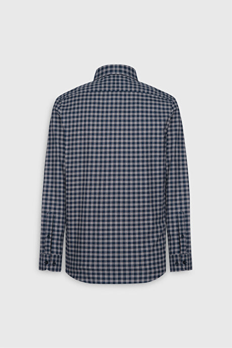 %100 Pamuk Slim Fit Dar Kesim Düğmeli Yaka Kareli Flanel Lacivert-Bej Gömlek resmi