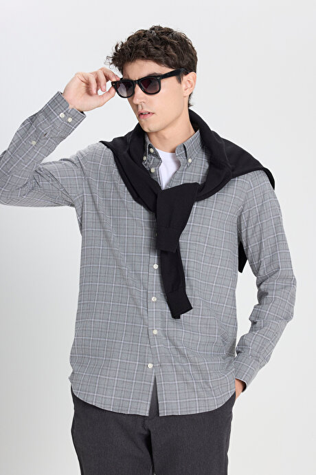 %100 Pamuk Slim Fit Dar Kesim Düğmeli Yaka Kareli Flanel Antrasit-Gri Gömlek resmi