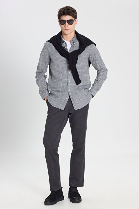 %100 Pamuk Slim Fit Dar Kesim Düğmeli Yaka Kareli Flanel Antrasit-Gri Gömlek resmi