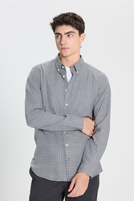 %100 Pamuk Slim Fit Dar Kesim Düğmeli Yaka Kareli Flanel Antrasit-Gri Gömlek resmi