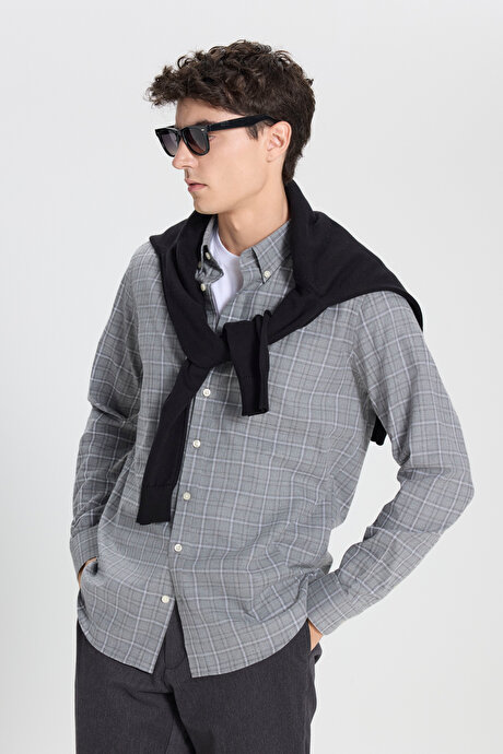 %100 Pamuk Slim Fit Dar Kesim Düğmeli Yaka Kareli Flanel Antrasit-Gri Gömlek resmi