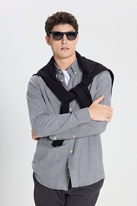 %100 Pamuk Slim Fit Dar Kesim Düğmeli Yaka Kareli Flanel Antrasit-Gri Gömlek resmi