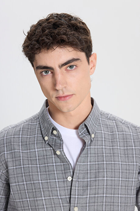 %100 Pamuk Slim Fit Dar Kesim Düğmeli Yaka Kareli Flanel Antrasit-Gri Gömlek resmi