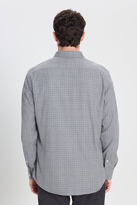 %100 Pamuk Slim Fit Dar Kesim Düğmeli Yaka Kareli Flanel Antrasit-Gri Gömlek resmi