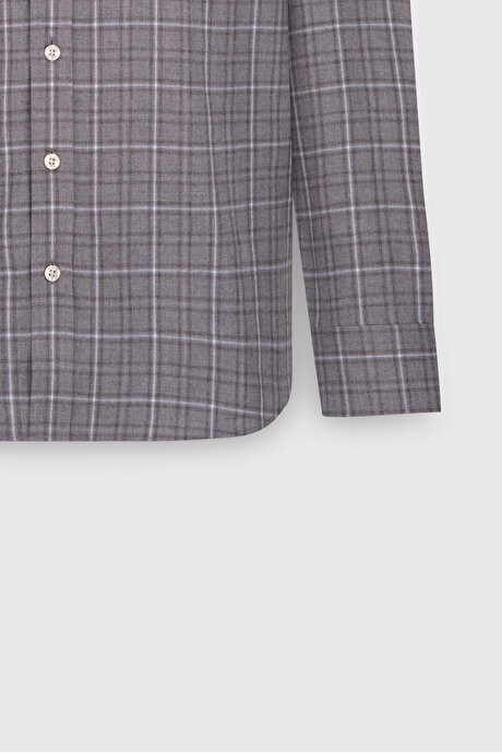 %100 Pamuk Slim Fit Dar Kesim Düğmeli Yaka Kareli Flanel Antrasit-Gri Gömlek resmi