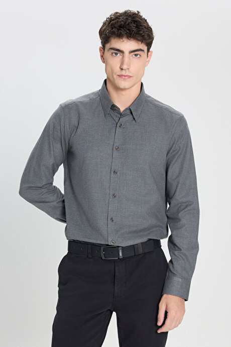 %100 Pamuk Slim Fit Dar Kesim Düğmeli Yaka Flanel Haki Gömlek resmi