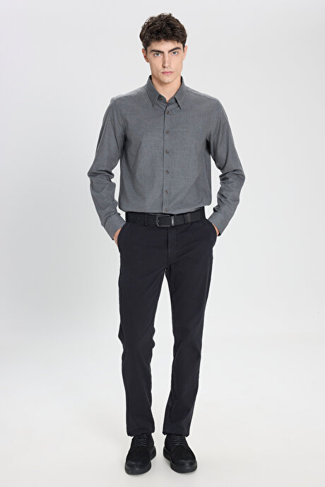 %100 Pamuk Slim Fit Dar Kesim Düğmeli Yaka Flanel Haki Gömlek resmi