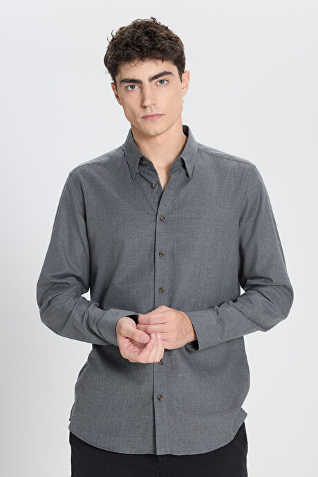 %100 Pamuk Slim Fit Dar Kesim Düğmeli Yaka Flanel Haki Gömlek resmi